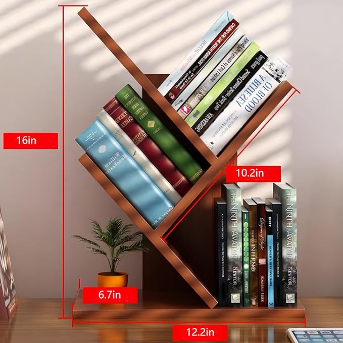 Godferyxin Tree Bookshelf,Small Bookshelf,3 Tier Wood Mini Book Shelf and Book Tree for Office, Home or School Desktop Book Shelf for for Displaying Books, CDs, Magazines Wood Storage Rack