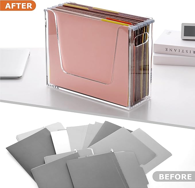Acrylic Hanging File Organizer, Letter Size Clear File Folder Holder with Handle, Portable Storage Organizer Box for Desk Home Office (No Assembly Required)