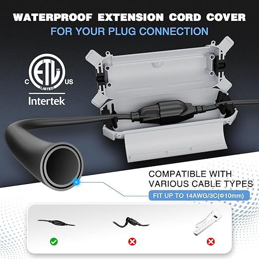 Flemoon [3 Pack] Outdoor Extension Cord Cover Waterproof, Weatherproof Electrical Connection Box for Straight Plug, Outlet, Socket, Halloween, Christmas Holiday Decoration String Light, Light Grey