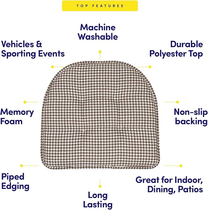 Sweet Home Collection Chair Cushion Memory Foam Pads Tufted Slip Non Skid Rubber Back U-Shaped 17" x 16" Seat Cover, 2 Count (Pack of 1), Houndsooth Brown