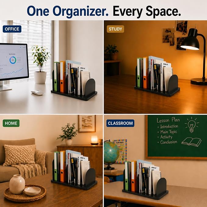 CraftSaints Vertical Desk File Organizer, 4 Sections, Solid Metal Dividers, Modern Minimalist Design Desk Top File Holder for Home, Office & Classroom