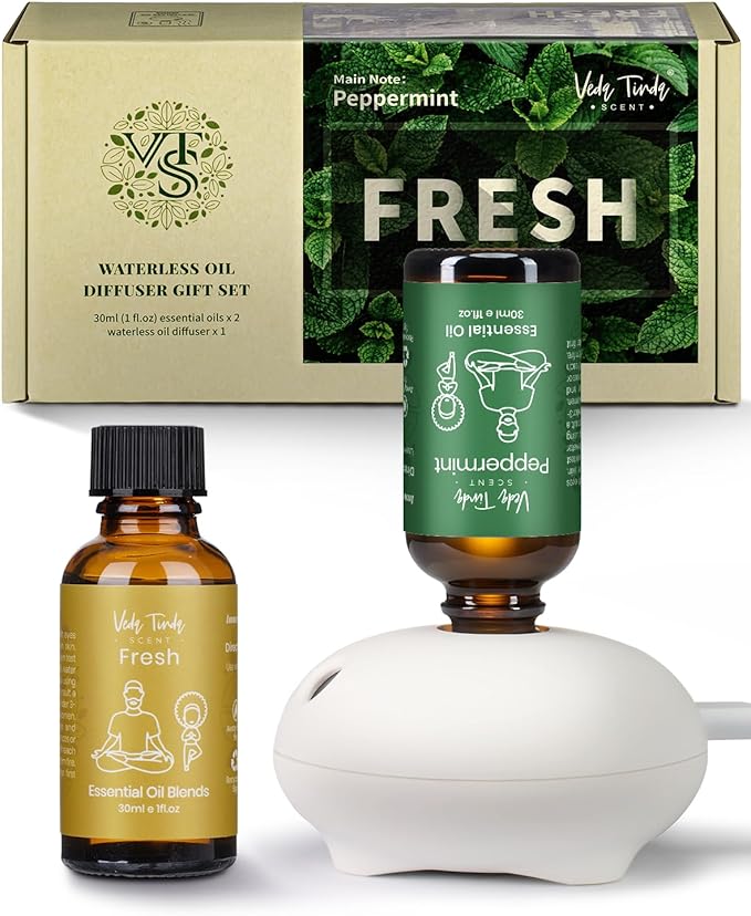 VTS Waterless Diffuser Starter Kit, Small Scent Air Machine for Home Bathroom Kitchen, Aromatherapy Gift Set (1 Fl Oz Peppermint Oil & 1 Fl Oz Fresh Scent Oil Blend & Portable Diffuser)