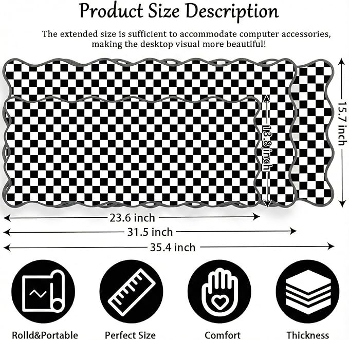 Scalloped Desk Mat Black and White Extended Large Mouse Pad Cute Desk Pad XXL Aesthetic Plaid Mousepad Checkered Gaming Mouse Pad for Keyboard Computer Laptop Office Accessories Girl 35.4X15.7Inch