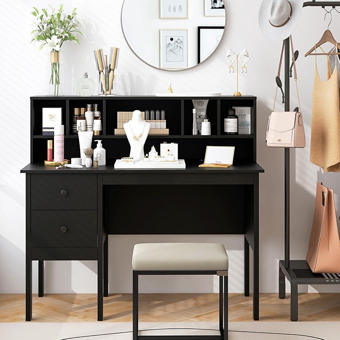 Giantex Black Desk with Drawers & Hutch, Home Office Desk with Charging Station, 5 Storage Cubbies, Makeup Vanity Table, Modern Study Writing Desk, PC Laptop Desks, Computer Workstation for Bedroom