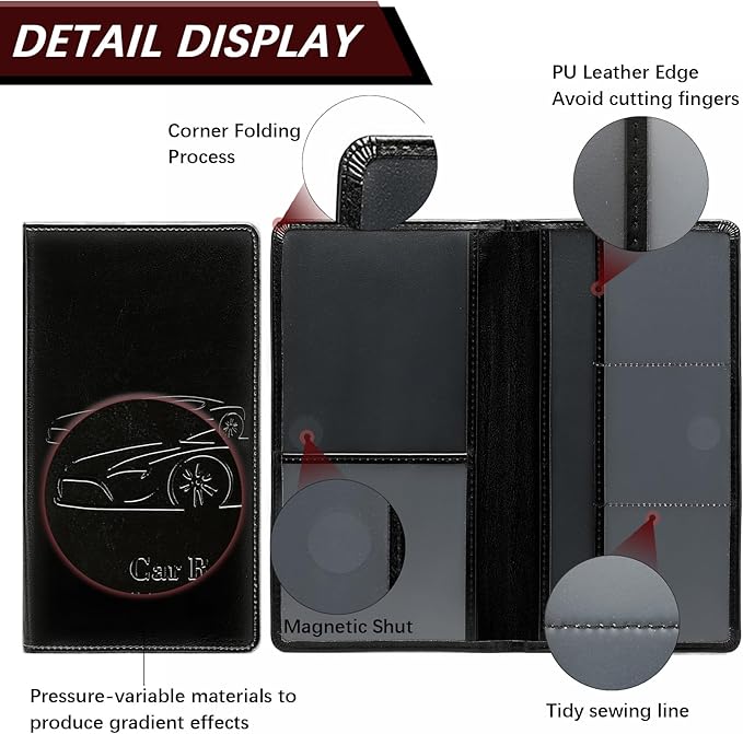 Car Registration and Insurance Card Holder for Women Men, Black Glove Box Paperwork Organizer with Magnetic Buckle for Easy Access and Protect Documents and Various Cards in Vehicle