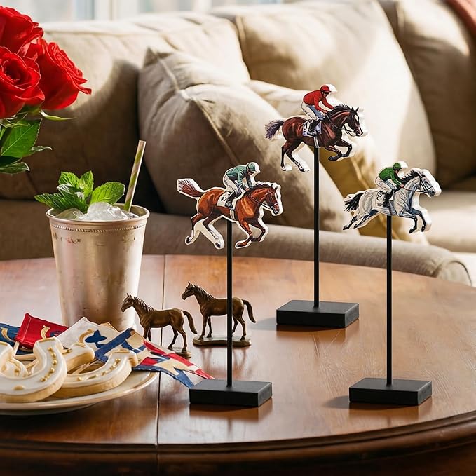 Smile Jockey Wooden Standing Decor Set, 3-Piece Multi-Color Horse Racing Tiered Tray Tabletop Signs with Stands for Horse Racing Party Decorations