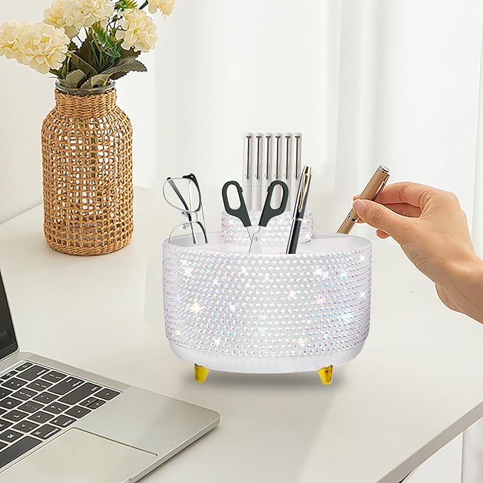 Bling Silver Rhinestone Desk Organizer with 5 Slots 360 Degree Rotating, Bling Pen Holder Makeup Brush Holder for Women, Silver Rhinestone Office Accessories