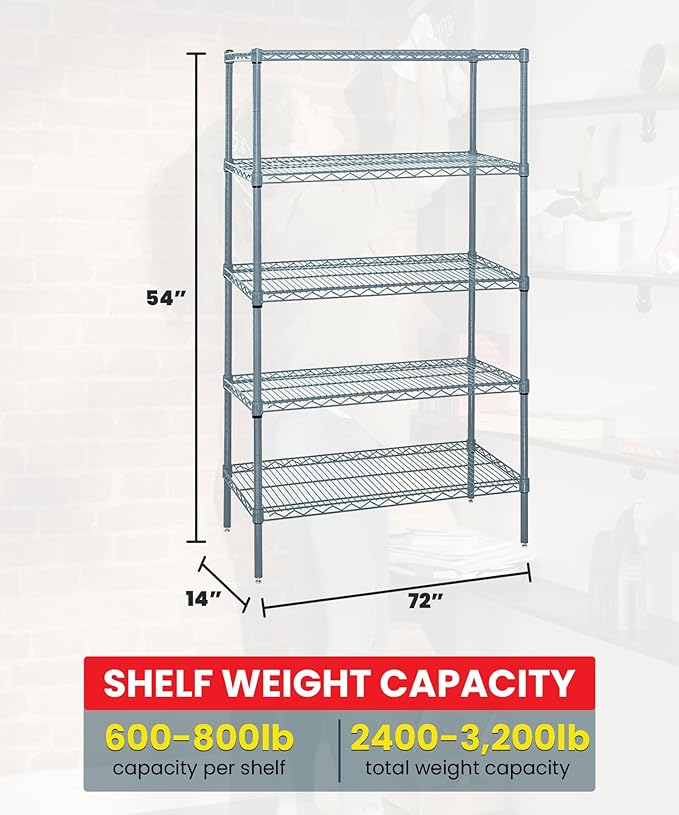 Quantum Storage Systems WR54-1472GY-5 Wire Shelving 5 Shelf Starter Units, 14" x 72" x 54", Gray Epoxy