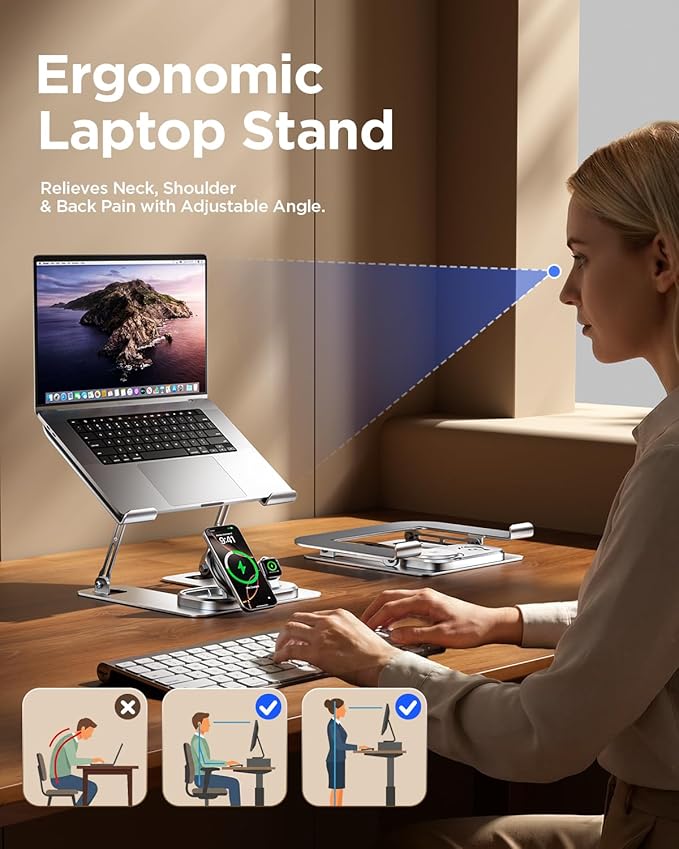 Adjustable Laptop Stand with Wireless Charger, 3-in-1 Charging Station for Phone and Watch, Ergonomic Aluminum Notebook Riser with LED Light, Qi2 Fast Charging (Silvery)