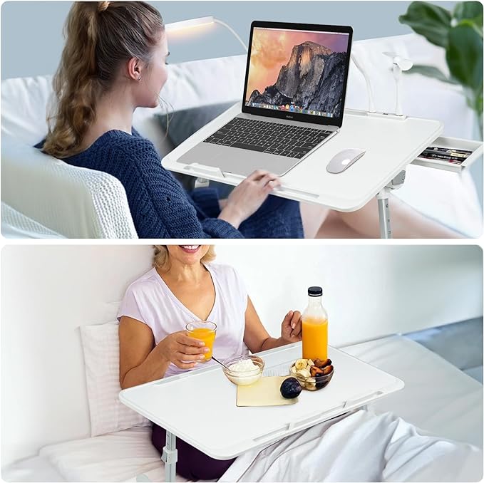 iXTRA Laptop Lap Desk with Cooling Fan - Adjustable with Light, USB, Storage Drawer - Folding Bed Desk,22.04"*12.59",White
