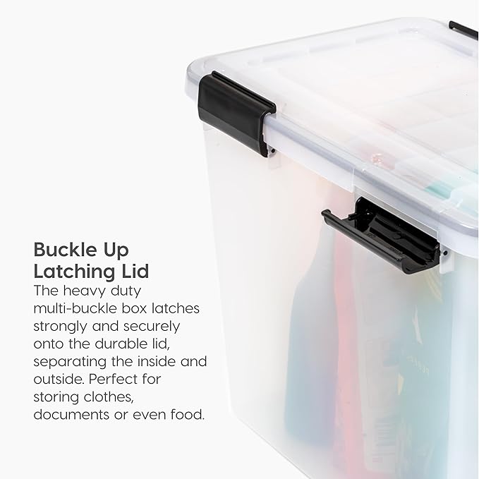 IRIS USA 32 Quart WEATHERPRO Plastic Storage Box with Durable Lid and Seal and Secure Latching Buckles, Clear with Black Buckles, 6 Pack
