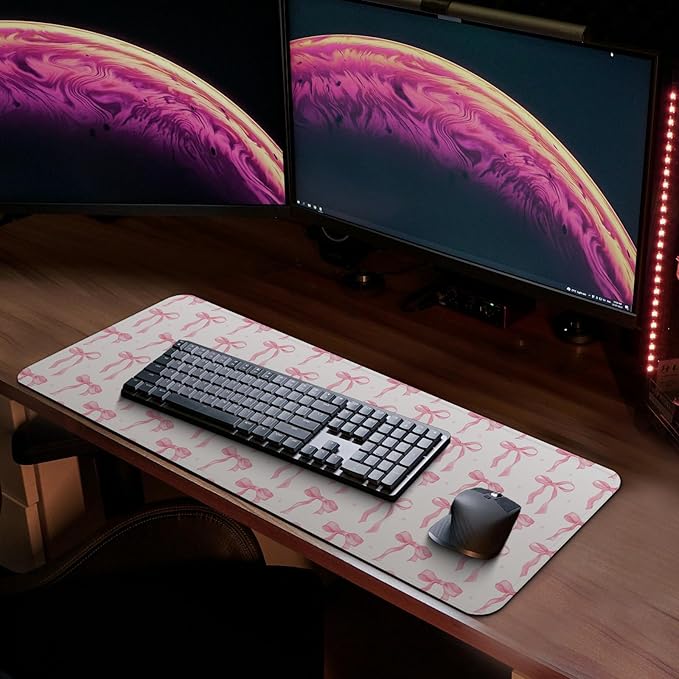 MAY FLOWER Gaming Mouse pad, Large Laptop Mousepad, Full Keyboard Mat, Long Computer Mouse Mat for Home and Office, Anti-Slip Rubber Base, 31.5 x 11.8 Inches (Coquette Bow)