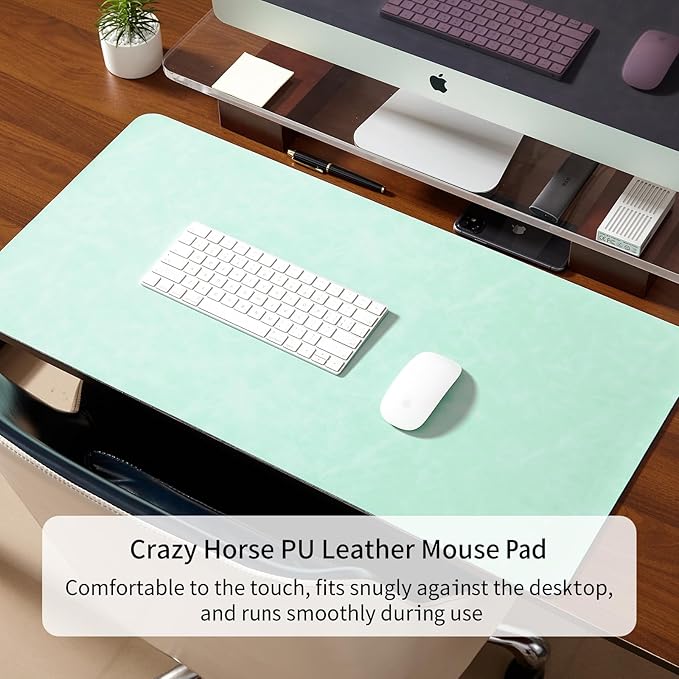 Desk Pad Soft PU Leather Large Mouse Pad Laptop Computer Desk Mat Table Blotter Flat Smooth Waterproof Non-Slip Desktop Protector Writing Pad for Office and Home (Light Green, 90x43cm)