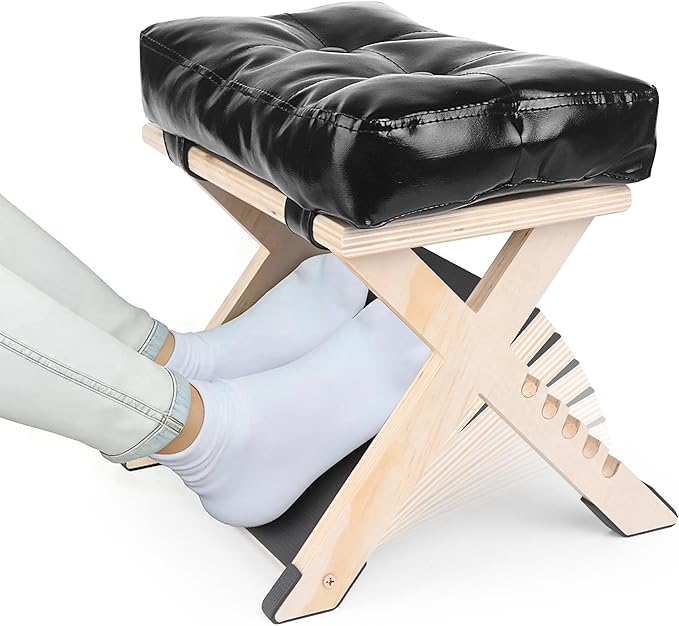 Adjustable Double Step Under Desk Footrest with 5 Height Options, Ergonomic Foot Rest Stool with Black Cushion for Office Home, Ottoman for Work and Computer Gaming Comfort.