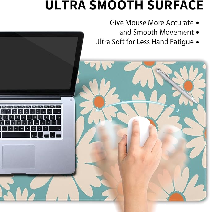Blue Daisy Floral Mouse Pad XXL Large Gaming Mouse Pad 35.4"X15.7" Cute Daisy Flowers Desk Mat for Desktop Waterproof Non-Slip Rubber Base with Stitched Edges Full Desk Mousepad for Home & Office