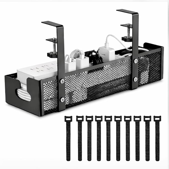 Under Desk Cable Management Tray, Metal Desk Cord Organizer, Adjustable Clamp, No Drill, Durable Desk Cable Organizer – 15.7''