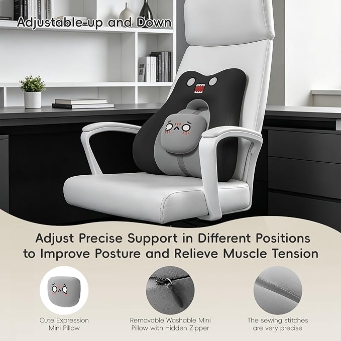 BEBAS Lumbar Support Pillow for Car & Office Chair - Ergonomic Back Support Cushion with Adjustable Memory Foam Bolster, Cute Cartoon Design, Lower Back Pain Relief for Driving & Desk Work - Black