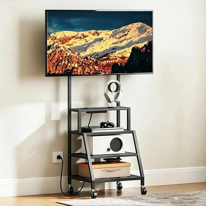 MAHANCRIS Rolling TV Stand with Mount, Corner TV Console with Wheels Up to 50 Inches, Entertainment Center with Storage, Small TV Stand with Power Outlet for Living Room, Rustic Brown TVBK117E01