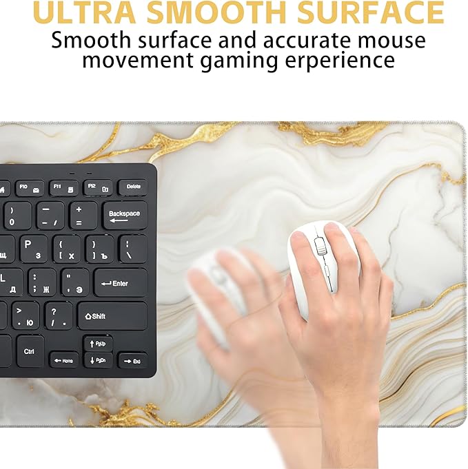 Large Mouse Pad White Gold Marble Texture Gaming Mousepad Desk Pad Mat for Keyboard and Mouse, Large Non-Slip Rubber Base Mousepad Desk Mat with Stitched Edges for Gaming Office, 31.5 x 15.8 in