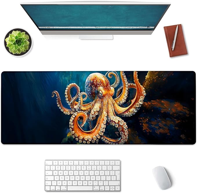 Octopus-Themed Large Mouse Pad, Gaming Mouse Pad, Non-Slip Rubber Base, Office Accessories, Desk Mat, Ocean MousePads for School, Work, Home Decor Gifts 31.5" x 11.8"
