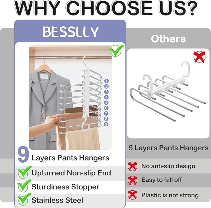 Upgrade 9 Layers Pants Hangers Space Saving, 4 Pack Pant Hangers Organizer Multifunctional Pants Rack Space Saver Closet Organizers and Storage Hangers for Pants Jeans Leggings Skirts, Snowy White