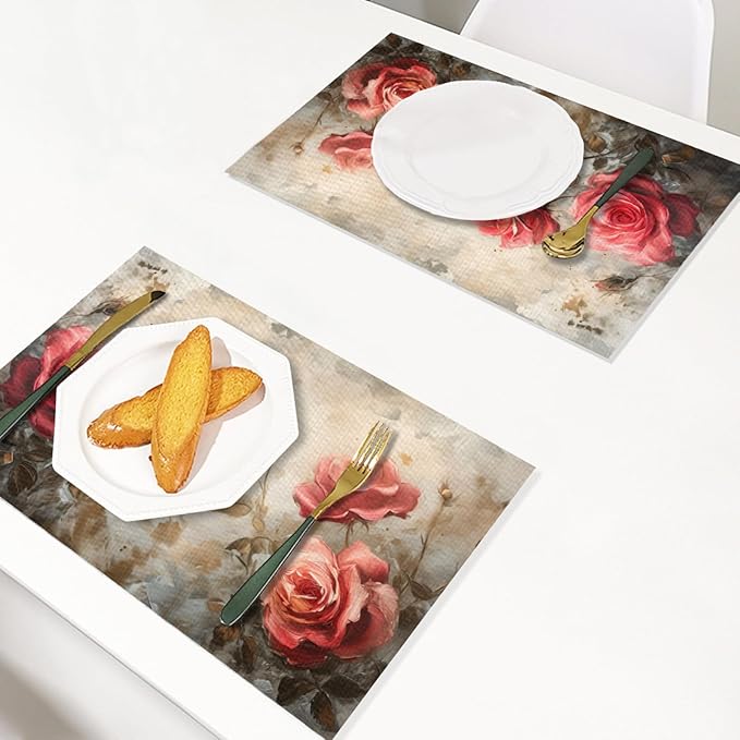 Placemats Set of 4 Waterproof Oilproof Table Mats Vintage Rose Pattern Washable Wipeable Heat Resistant Easy to Clean for Indoor Outdoor Party Kitchen Dining Table Decoration 12 * 18in