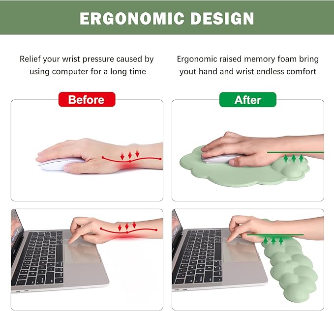 Cloud Keyboard Wrist Rest and Mouse Pad with Wrist Support Set, Ergonomic PU Leather Mouse Pads, Memory Foam Non-Slip Mousepad for Computer,Laptop, Green Cloud
