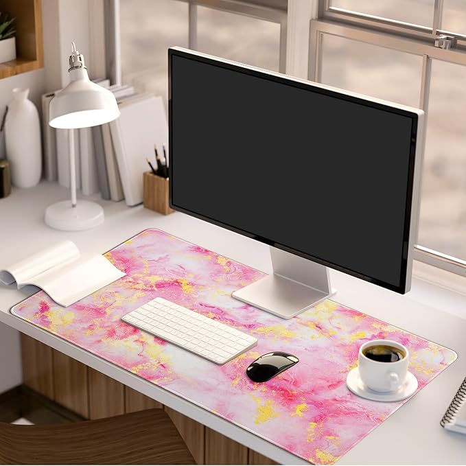 Lokigo Large Mouse Pad for Desk, Pink Desk Mat, Anti-Slip Waterproof Big Mousepad, Cute DeskMatt for Desktop, Keyboard Mat for Computer Desktop, Marble