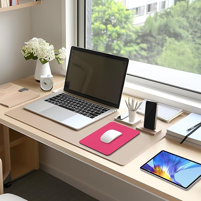 Leather Mouse Pad, Office Mouse Mat Non-Slip Rubber Base Stitched Edge Washable Waterproof Rectangular Mousepad for Office Gaming PC Laptop, 9.8" x 7.9", Rose Pink