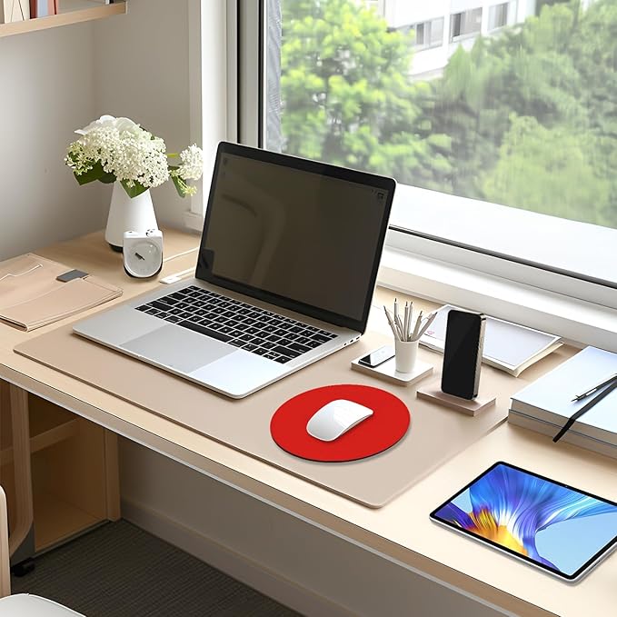 Leather Mouse Pad, Office Mouse Mat Non-Slip Rubber Base Stitched Edge Washable Waterproof Round Mousepad for Office Gaming PC Laptop, Round Diameter 8.7 inches, Bright Red