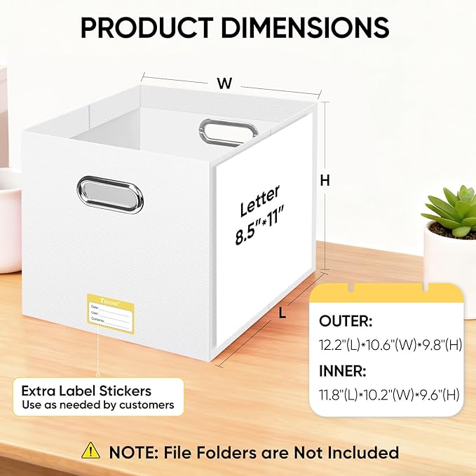 BALEINE File Organizer Box, Cardboard File Folder Organizer with Handle for Letter Size, Portable Collapsible Hanging Filing Box for Home Office Document Storage (2 Pack, Large White)