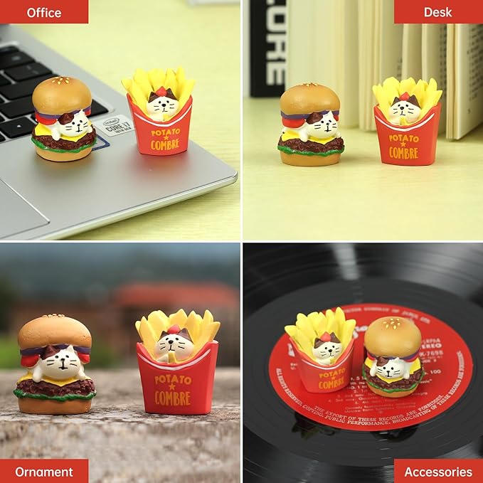 RAQWI Hamburger Fries Cat Figurines Miniature Fast Food Accessories for Office, Home Decoration Perfect for Desk Décor