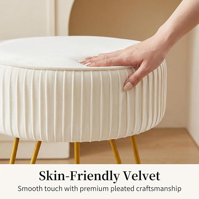 Velvet Vanity Stool, Modern Ottoman Foot Rest Stool with Adjustable Golden Legs, Makeup Chair for Vanity, Multifunctional Small Vanity Chair for Bedroom, Beige