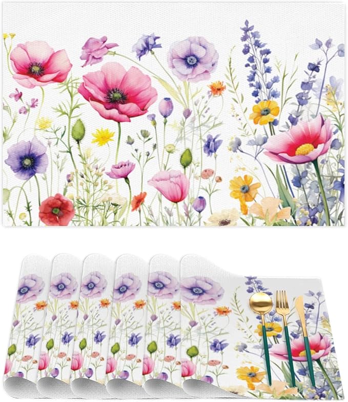 Placemats Set of 4 Heat-Resistant Rectangle Place Mats Floral Flower Grass Washable Plastic PVC Dining Table Mat Non-Slip Wipeable Woven Vinyl Placemat for Kitchen Patio Table Decor