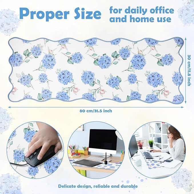 Copkim 1 Pcs Blue Scalloped Hydrangea Desk Mat 31.5 x 11.8 Inch Large Cute Mouse Pad Computer Mat Non Slip Waterproof Rubber Base with Border Stitching Soft Keyboard Pad for Home Office Gaming Makeup
