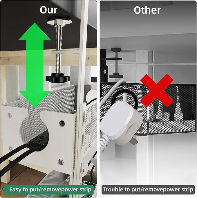 Multi-Model Under Desk Cable Management 2 Pack Metal Under Desk Wire Management Tray Clamp Mount Under Table Cord Management No Damage The Desk（White）