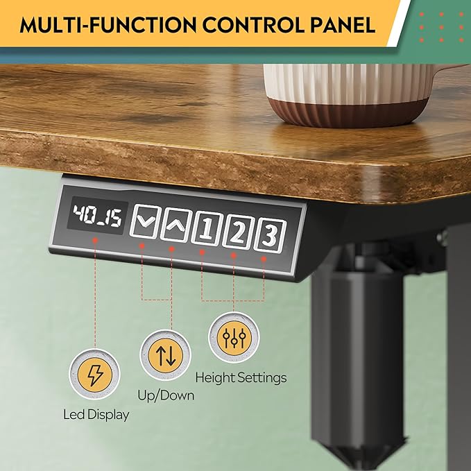 DEVAISE 55 Inch Electric Standing Desk with Shelf, Adjustable Computer Desk for Home Office, with LED Touchscreen，Headphone Hook, 3 Memory Preset, with One-Piece Desktop, Rustic Brown