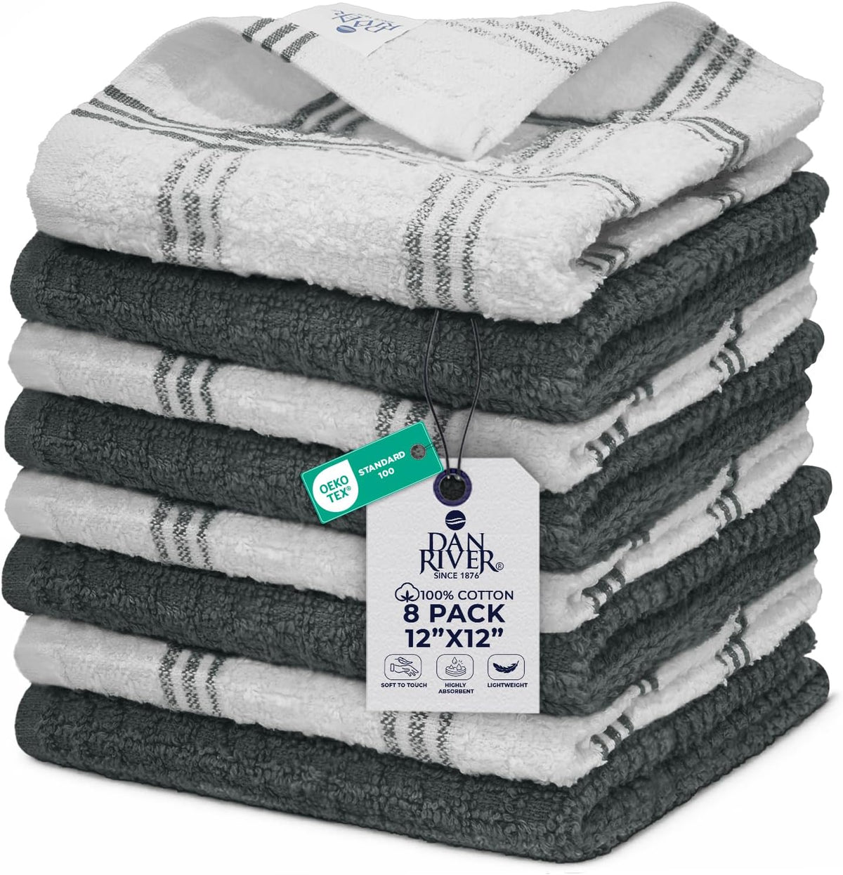 Premium Dish Cloth 100% Cotton 12X12 Inches |Pack of 8|- Grey | Terry Kitchen Towels Ultra Soft Tea Towels-Highly Absorbent Kitchen Rags-Terry Dishcloth for Kitchen and Household Cleaning