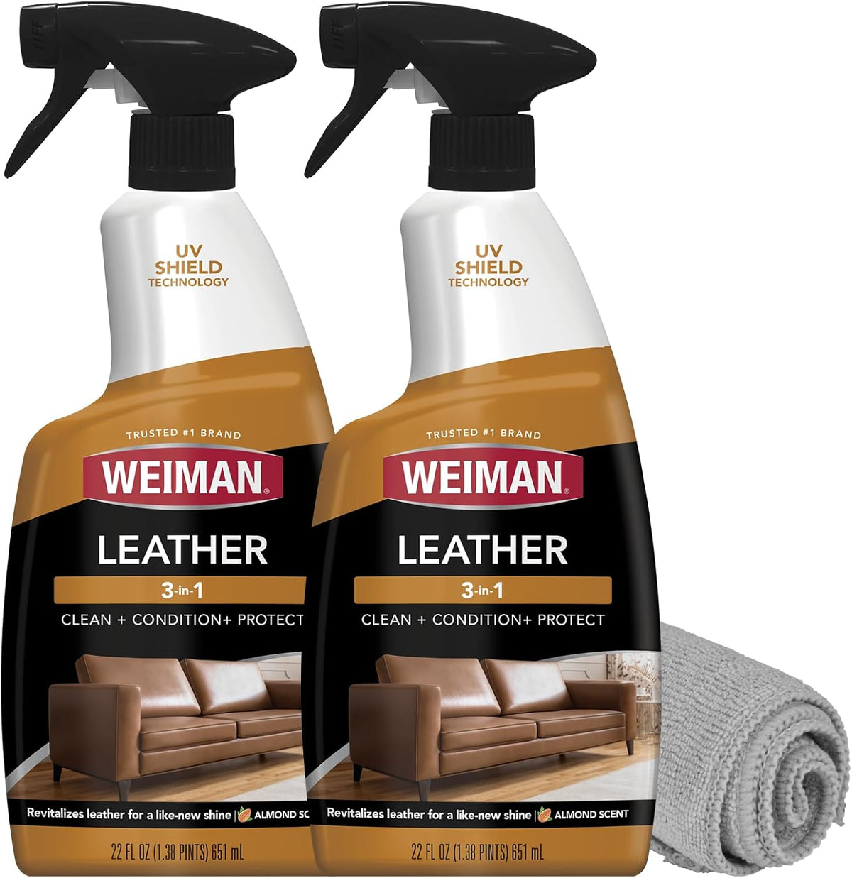 Leather Cleaner, Conditioner & Protector, 2 Pack Spray with Cloth | UV Protection from Cracking & Fading, All Finished Leather Surfaces, Auto, Sofas, Shoe, Bag & Jacket