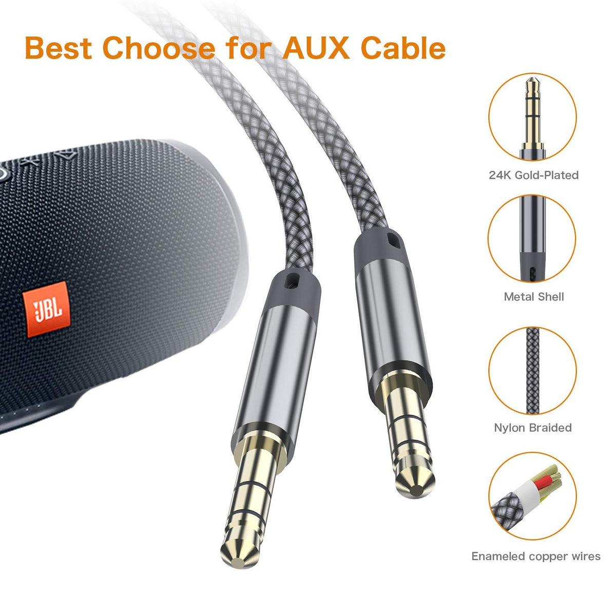 2Pack 10FT Long AUX Cable,[Copper Shell, Hi-Fi Sound] 3.5Mm 1/8 Auxiliary Audio Cable Nylon Braided Aux Cord Compatible Galaxy S21/S21+/S20+ Ultra, Note 20/10 Ultra, Macbook Air/Pro, Pad(Grey)