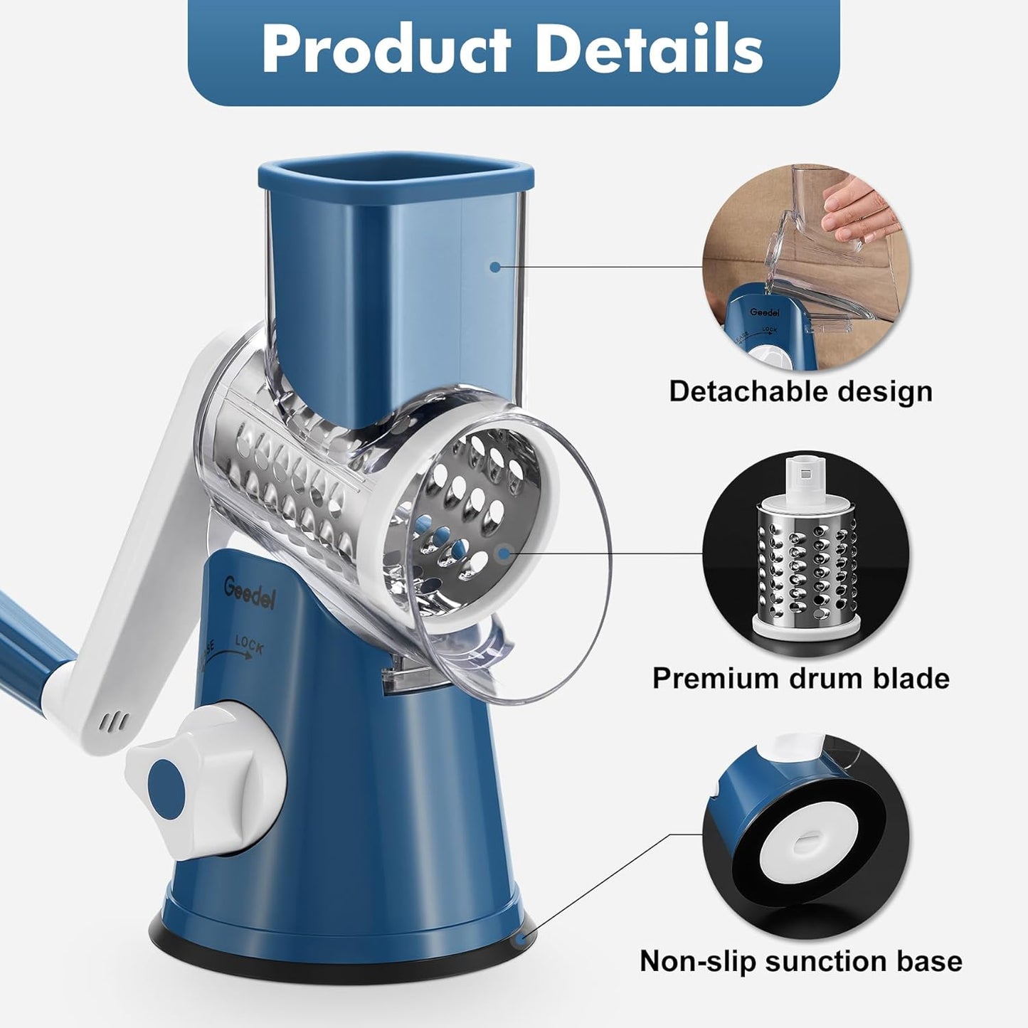 Rotary Cheese Grater Hand Crank, Cheese Shredder Vegetable Slicer | 3 Blades, 430 Stainless Steel, 12X Fast Cutting, Strong Suction Base, No BPA, Dishwasher Safe, for Cheese, Viggie, Nut