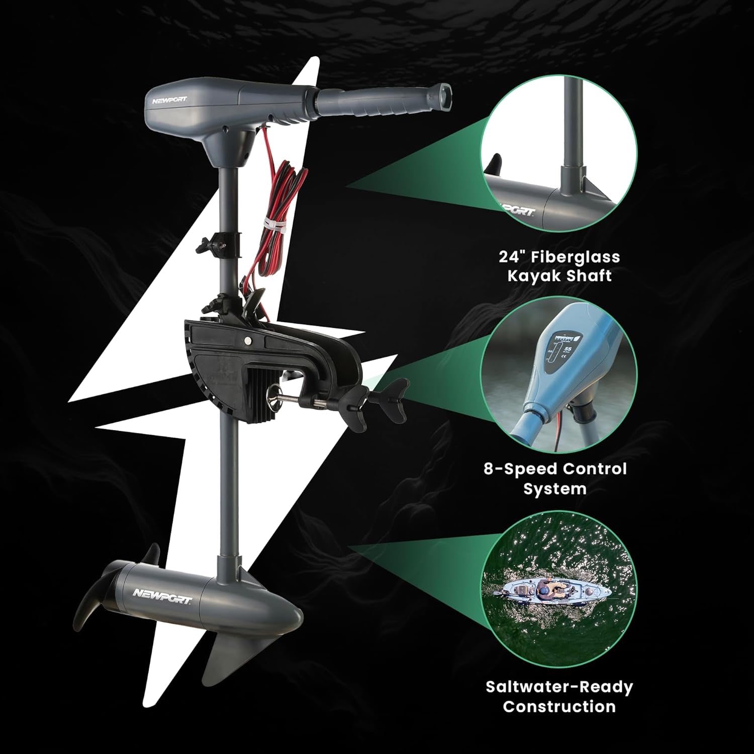 Newport Kayak Series 55Lb Thrust Transom Mounted Saltwater Electric Trolling Motor W/Led Battery Indicator (24" Shaft)