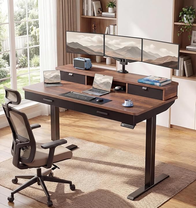 HUANUO 48 x 30 inch Electric Standing Desk with 4 Drawers, Adjustable Height Sit Stand Home Office Desk with Two Tiers, Ergonomic Adjustable Stand up Desk C-Clamp Monitor Mount Compatible, Walnut