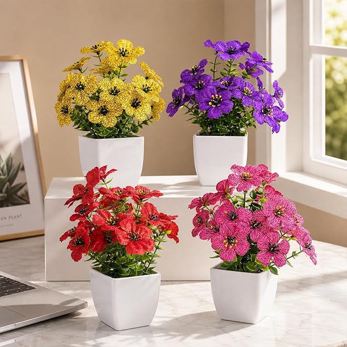 Fake Potted Flowers, Small Artificial Plants Indoor, Spring Decorations for Home, Mini Fake Flowers with Pot for Office Desk, Bathroom & Room Decor