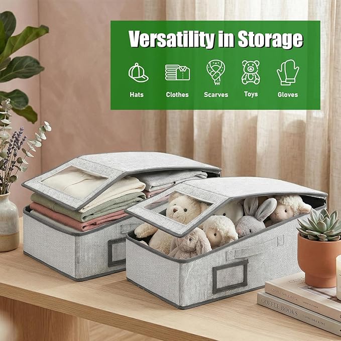 4 Pack Hat Organizer for Baseball Caps, Stackable Hat Storage Box with Clear Window Lid, Holds up to 56 Ball Cap Storage Organizer, Foldable Hat Box Holder for Closet Bedroom Shelf (Grey)