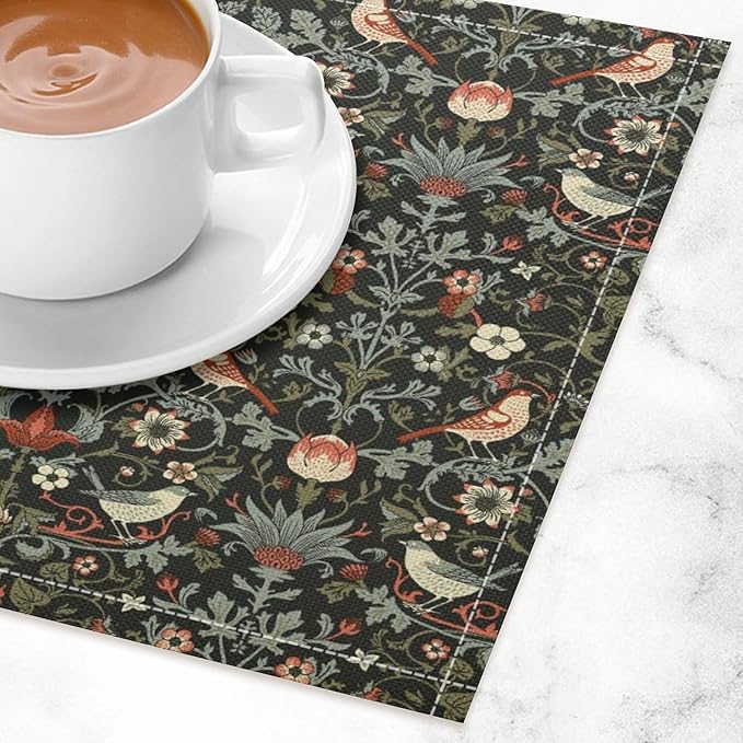 William Morris Bird Placemats Retro Bird Elegant Animal Pattern Linen Washable Table Mats Stain Heat-Resistant Desktop Decor Place Mats for Home Kitchen Dining Party 12x18 in 6 PCS
