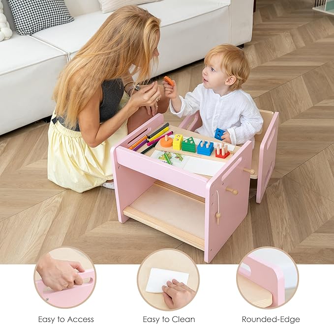 bpmfkid Montessori Weaning Table and Chair Set - Adjustable Design for Toddlers, Ideal for Mealtime, Learning, and Play, Pink