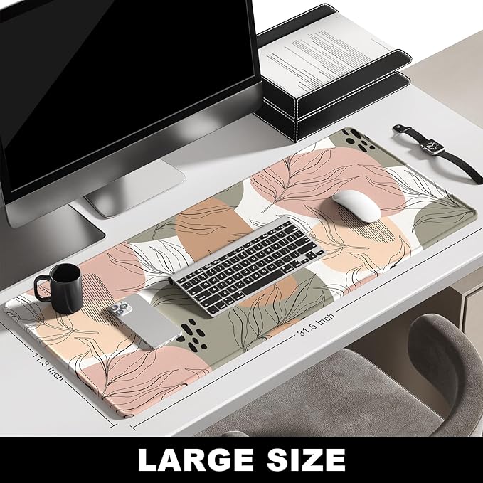 BOSOBO Large Mouse Pad, Desk Pad, XXL XL Extended Gaming Mouse Pad, Desk Mat for Office & Home, Long Keyboard Mat, Huge Mouse Pad, Desktop Full Cover 31.5 x 11.8 Inches, Modern Boho Leaves