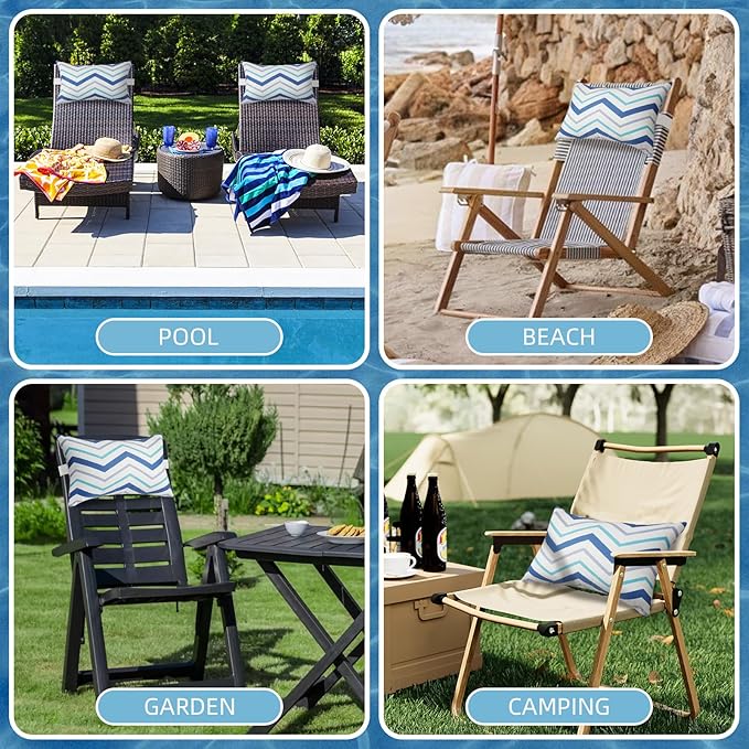 Outdoor Pillow for Chaise Lounge Chair, 2pcs Chaise Lounge Pillows Lumbar Pillows with Insert and Adjustable Elastic Strap for Patio Beach Office Chair, Blue White Stripe