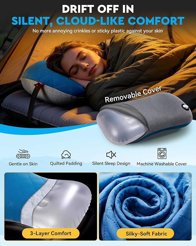 Hikenture Camping Pillow with Removable Cover - Ultralight Inflatable Pillow for Neck Lumbar Support - Upgrade Backpacking Pillow - Washable Travel Air Pillows for Camping, Hiking, Backpacking